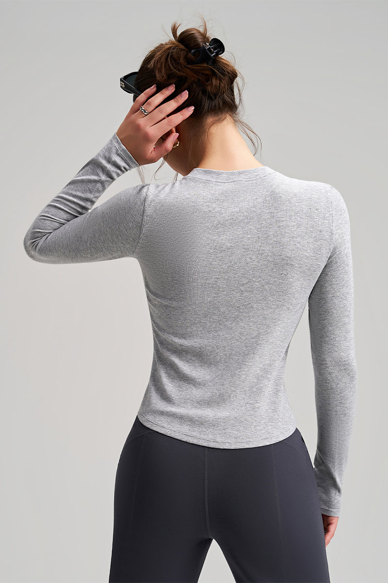 Women Slim-Fit Henley-Collar Workout Long Sleeve Top