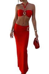 Women's Sexy Metal Button Halter Slit Cover-up Set