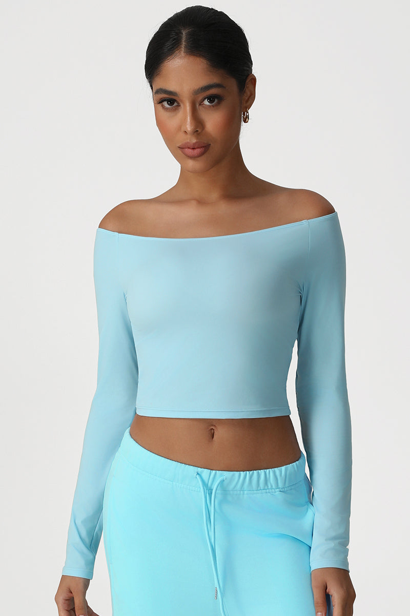 Women Off-Shoulder High-Stretch Yoga Fitness Long Sleeve Top