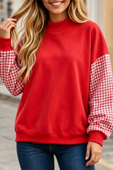 Women's Fall Gingham Spliced Oversize Mock Neck Sweatshirt