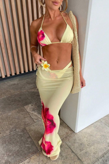 Women's Floral Triangle Cup Halter 3 Piece Bikini Set