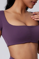 Women Square Neck Crop Removable-Pad Pleated Sculpting Workout Short Sleeve