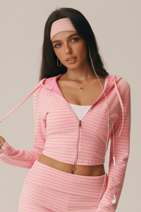 Women's Striped Drawstring Hooded Zip Crop Jacket
