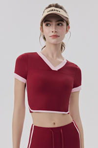 Women Slim Color Block V neck Cropped Yoga Athletic Tee