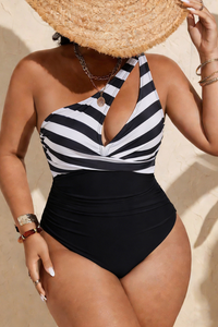 Women Striped Asymmetric One-Shoulder Cutout Ruched Swimsuit