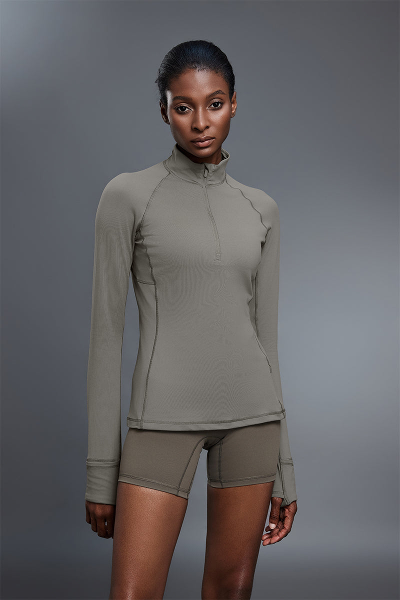 Women Stand Collar Half Zip Slim Fit Workout Long Sleeve Top