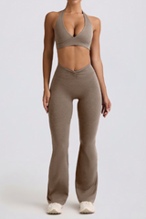 Women's Brushed Pleated Sports Yoga Bra And Flared Pant Set