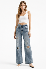 Women's High Waist Distressed Ripped Wide Leg Jeans