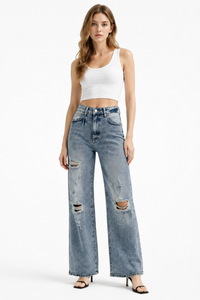 Women's High Waist Distressed Ripped Wide Leg Jeans