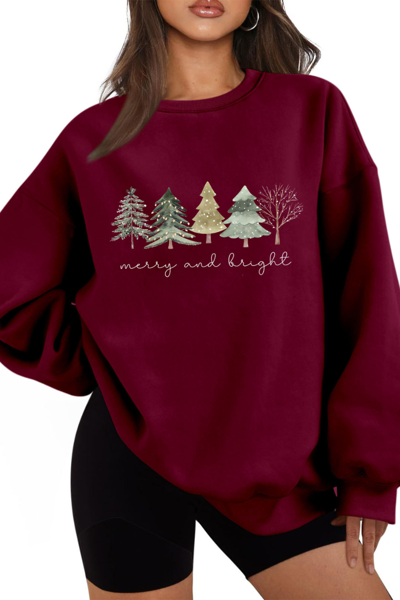 Women's Fall Christmas Tree Print Crew Neck Sweatshirt