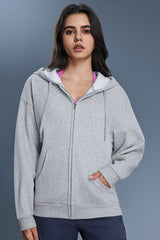 Women Fleece Hooded Windproof Loose Casual Zip Jacket