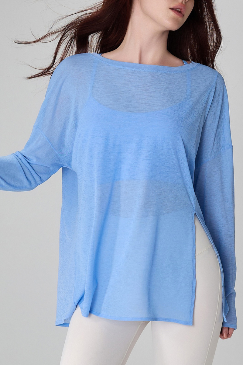Women's Spring Summer Loose Fit Sheer Side Slit Long Sleeve Top