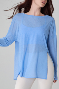 Women's Spring Summer Loose Fit Sheer Side Slit Long Sleeve Top