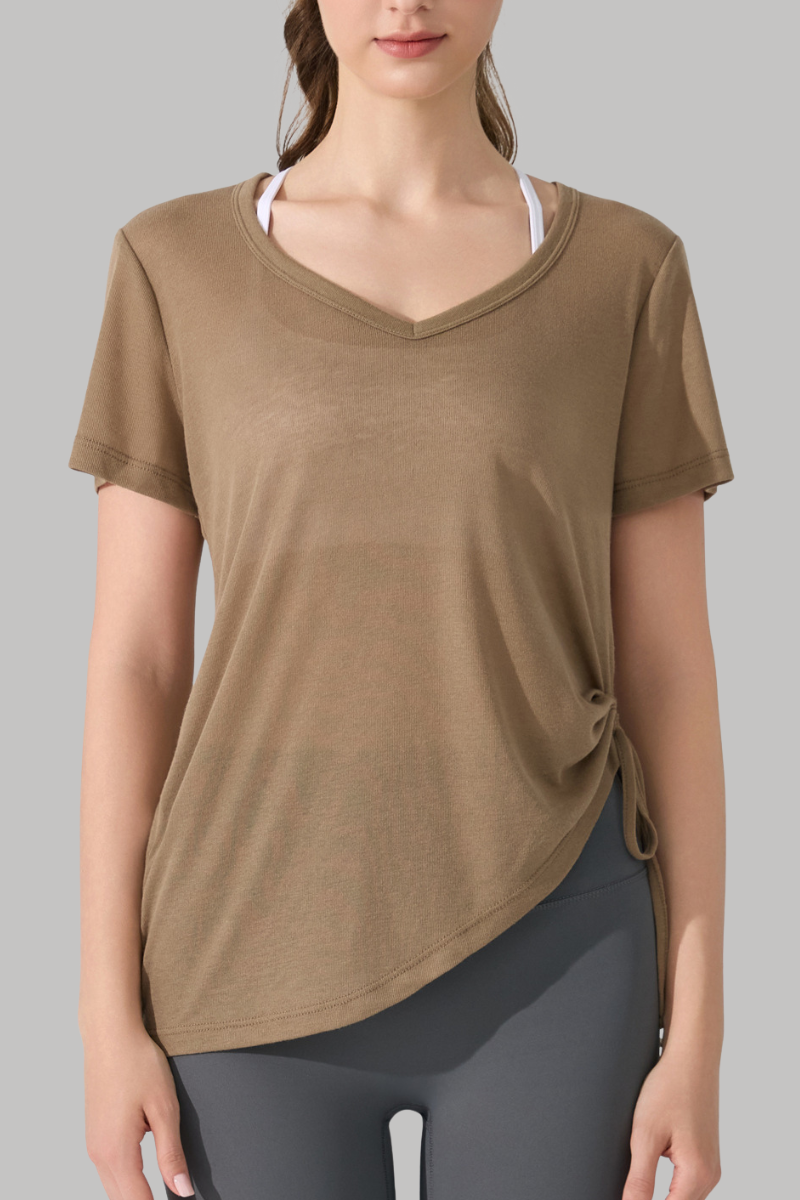Women's V-Neck Side Drawstring Sheer Lazy Style T-shirt