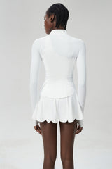 Women Single-Strap Tennis Sport Set: Wave-Hem Quick-Dry Lycroca Bra + Built-In Shorts Skort + Slim-Fit Zip-Training Jacket