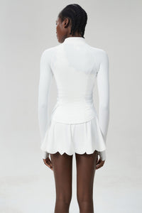 Women Single-Strap Tennis Sport Set: Wave-Hem Quick-Dry Lycroca Bra + Built-In Shorts Skort + Slim-Fit Zip-Training Jacket