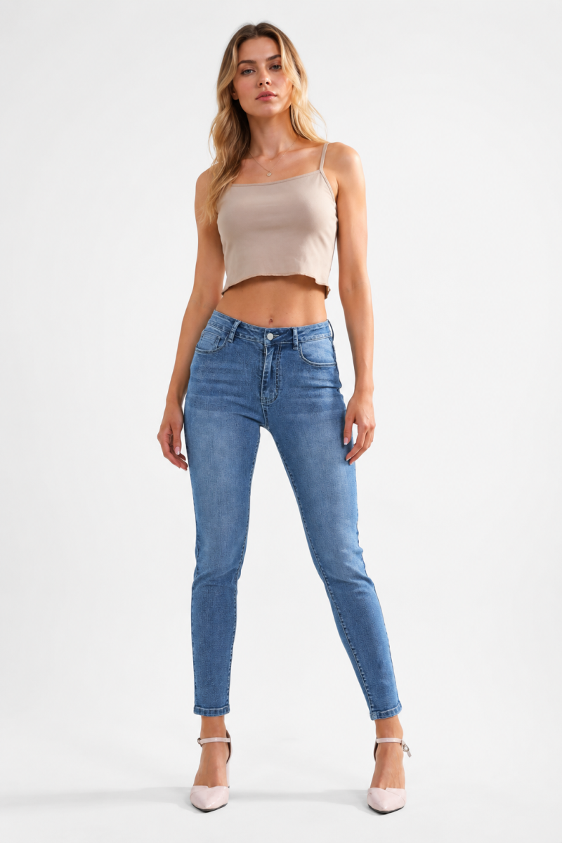 Women's High Classic Blue Wash Stretch Skinny Cropped Jeans