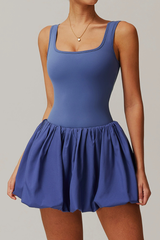 Women's Square Neck Bubble Hem Built-in Shorts Mini Dress