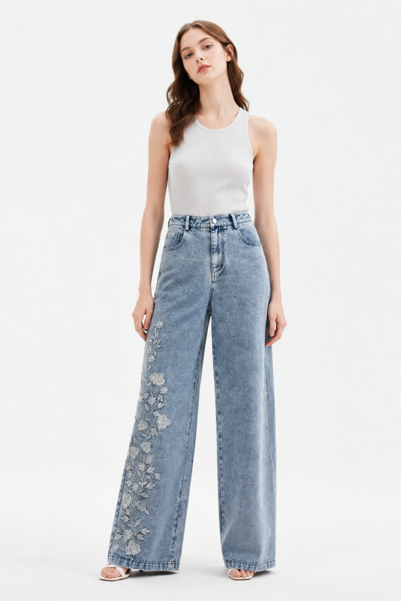 Women's High Waist Floral Embroidered Wide Leg Jeans