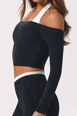 Women's Halter Off-Shoulder Brushed Long Sleeve Cropped Top