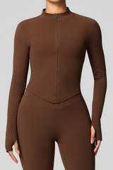 Women's Zip-Up Mock Neck V-Waist and Thumbhole Cuffs Jacket