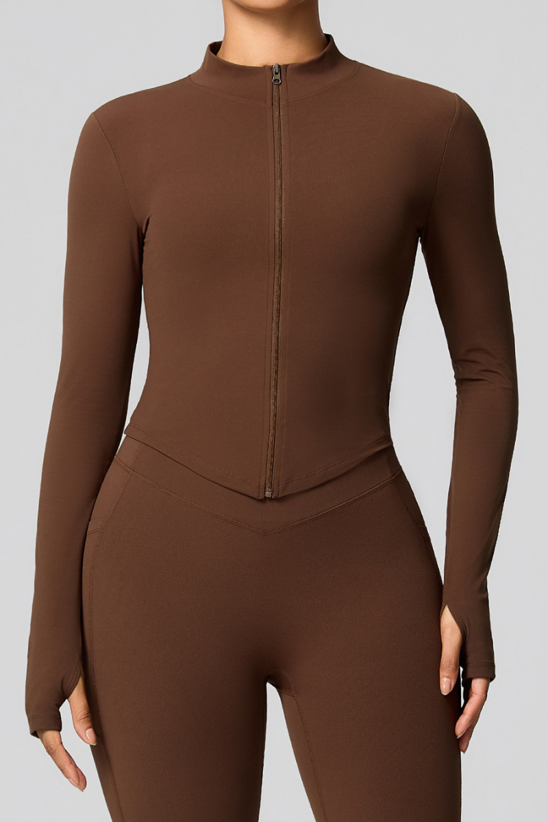 Women's Zip-Up Mock Neck V-Waist and Thumbhole Cuffs Jacket