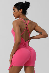 Women Criss Cross Back Drawstring Sport Jumpsuit