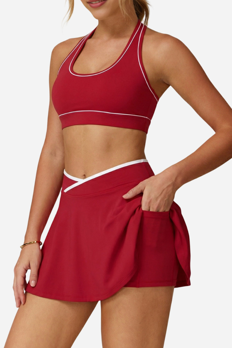 Women's Color Block Athletic Set :Halterneck Bra And  Skirt
