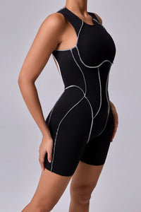 Women Patchwork Color Clash High Stretch Skinny Back Sports Fitness Yoga Bodysuit