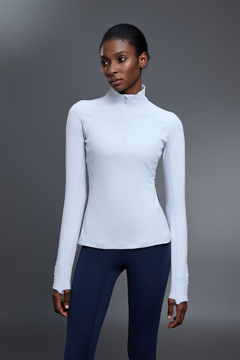 Women Stand Collar Half Zip Slim Fit Workout Long Sleeve Top
