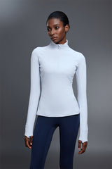 Women Stand Collar Half Zip Slim Fit Workout Long Sleeve Top