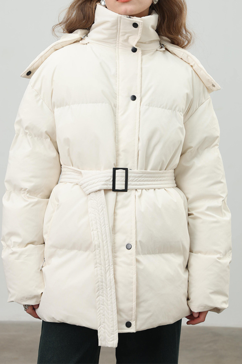 Women's hooded mid-length cotton jacket with waist tie.