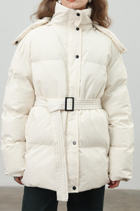 Women's hooded mid-length cotton jacket with waist tie.