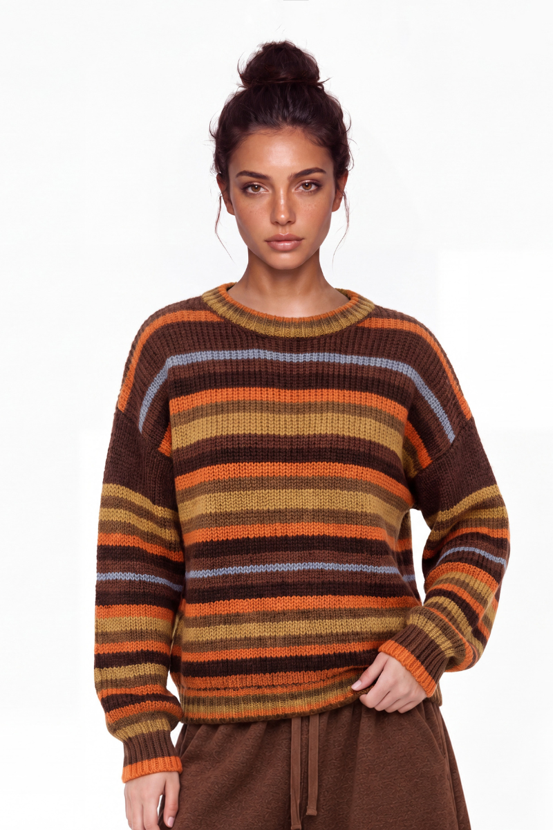 Women's Winter Retro Color Striped Long Sleeve Knit Sweater