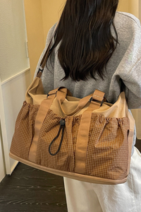Plaid Drawstring Pocket Expandable Travel Duffle Bag