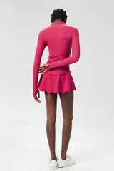 Women Single-Strap Tennis Sport Set: Wave-Hem Quick-Dry Lycroca Bra + Built-In Shorts Skort + Slim-Fit Zip-Training Jacket