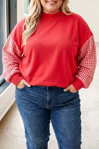 Plus Size Women Fall Gingham Patchwork Mock Neck Sweatshirt