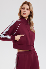 Women's Athletic Stand Collar Color Block Corpped Jacket