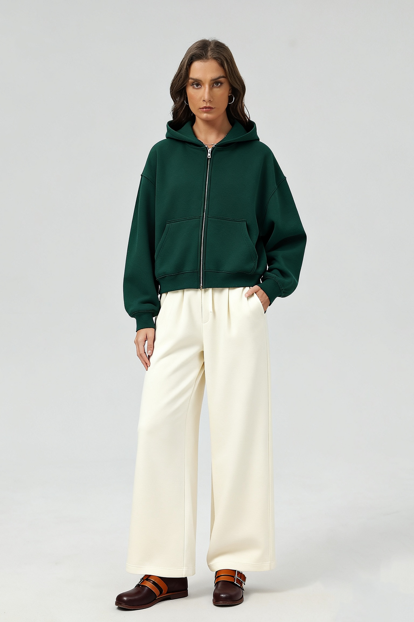 Unisex Boxy Cropped Zip-Up Fleece Hoodie