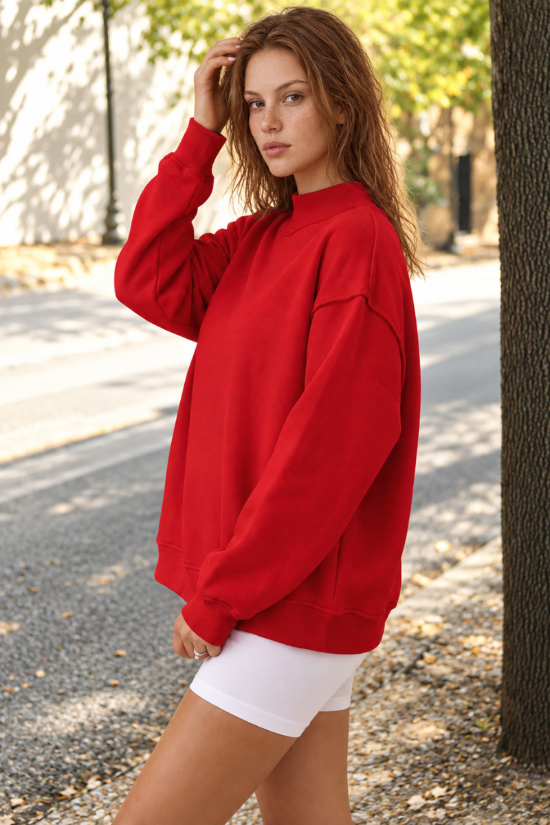 Women's Fall Drop Shoulder Loose Fleece Mock Neck Sweatshirt