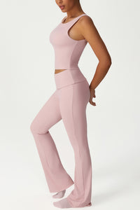 High-stretch tops folded high-waisted flared pants 2-piece set