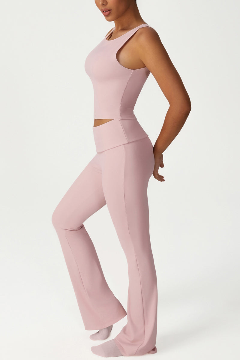 High-stretch tops folded high-waisted flared pants 2-piece set