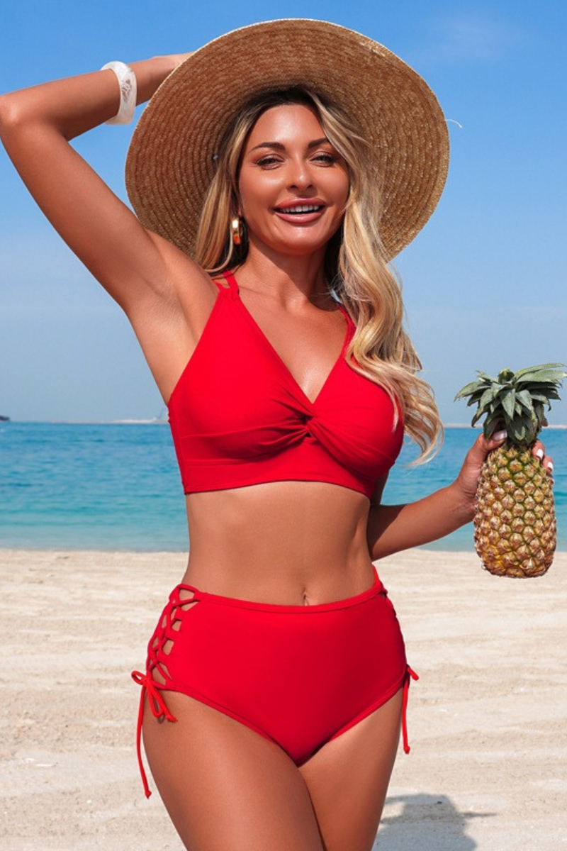 Women's V-neck Twist-Front Cross Back Side Cot Out Bikini