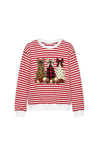 Women's Fall Striped Bow Christmas Tree Printed Pullover