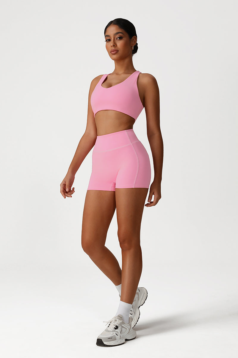 Women Cross Back Yoga Set: Removable Padding Sports Bra + High Waist Shorts