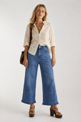 Women's High Waist Wide Leg Jeans with Ruffle Hem