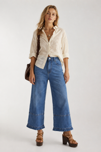 Women's High Waist Wide Leg Jeans with Ruffle Hem