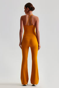 Women Cross Back Yoga Set: High Waisted No Pleat Seam Micro Wide Leggings + Pleated Crossover Camisole Bra