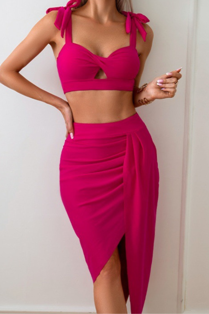 Women's Twist-Front Pleated Skirt Three Piece Bikini Set