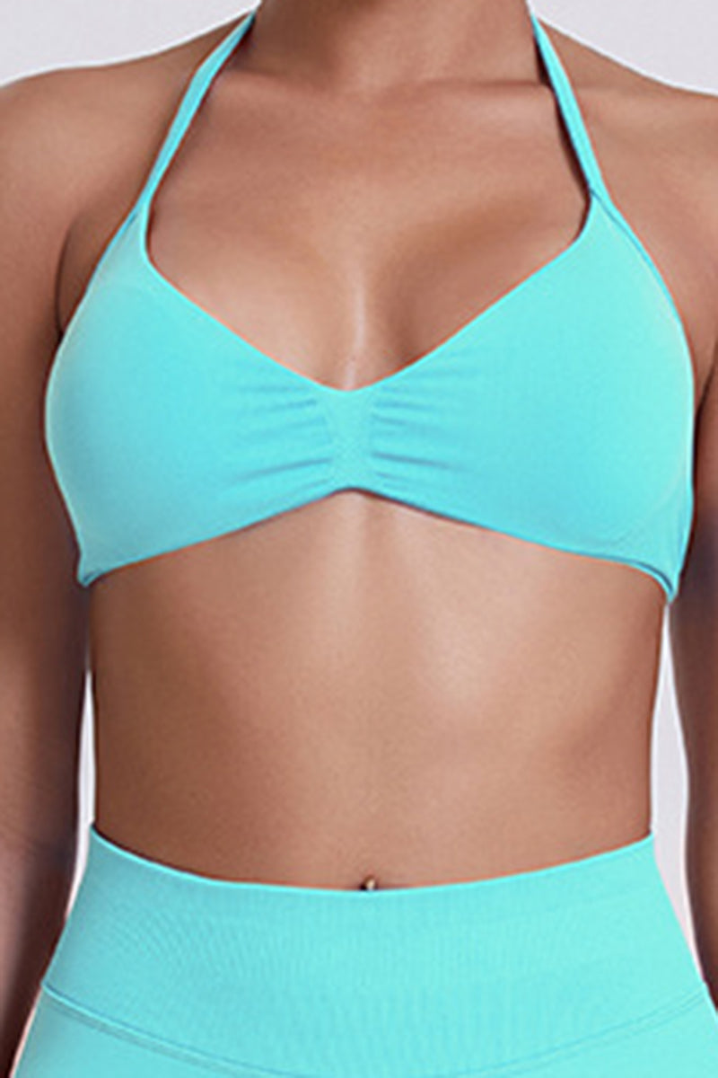 Women Seamless Yoga Set: High-Waisted Sculpting Leggings + Halter Neck Sports Bra